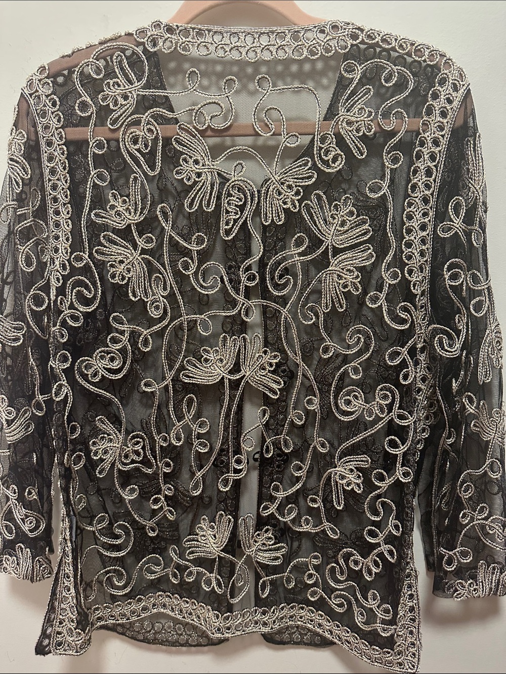 Embroidered Black Sheer Jacket with Ivory Stitching - Picture 5 of 5